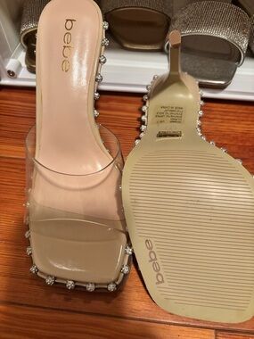 NWOT bebe Nude Clear Crystal-Embellished Block Heel Slides